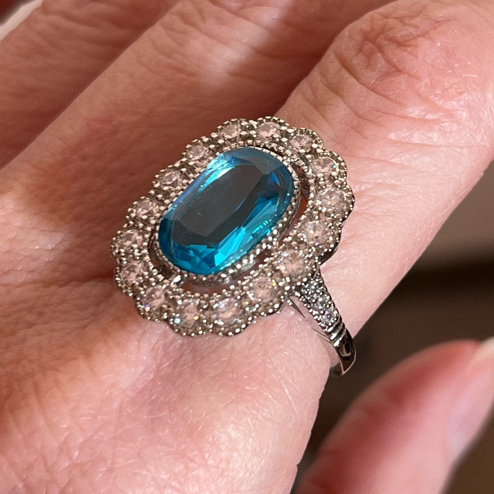 Vintage Retro art deco emerald cut Blue Topaz Oversized silver Cocktail Ring